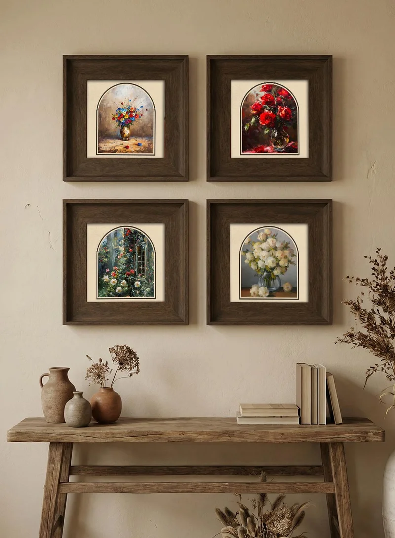 LOWHA Set of 4 Canvas Wall Art Stretched Over Wooden Frame with Vintage Brown Floating Frame and Arched Blooms Design